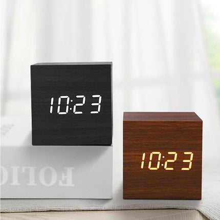 Wooden Sound Control Square LED Digital USB/AAA Electronic Table Alarm Clock - Beige Yellow.