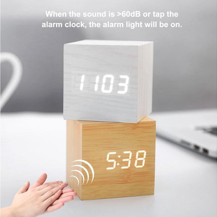 Wooden Sound Control Square LED Digital USB/AAA Electronic Table Alarm Clock - Beige Yellow.