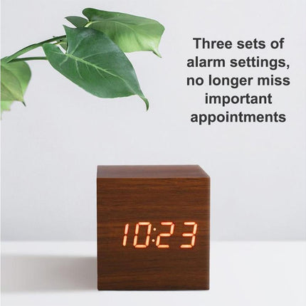 Wooden Sound Control Square LED Digital USB/AAA Electronic Table Alarm Clock - Beige Yellow.