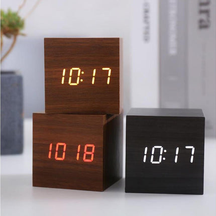 Wooden Sound Control Square LED Digital USB/AAA Electronic Table Alarm Clock - Beige Yellow.