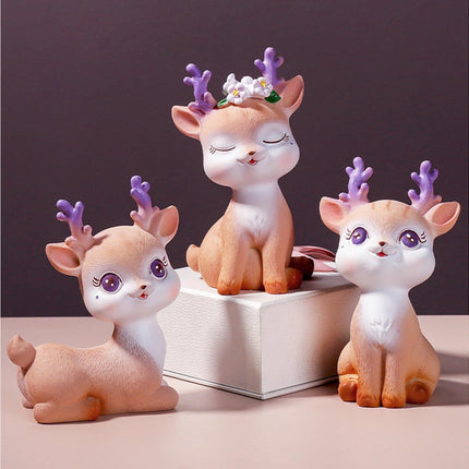 Cartoon Small Deer Resin Reindeer Craft Miniature Desktop Ornaments Car Decor- B.