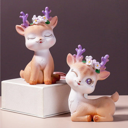 Cartoon Small Deer Resin Reindeer Craft Miniature Desktop Ornaments Car Decor- B.