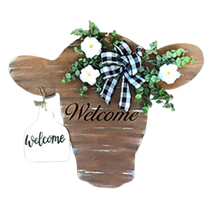 Welcome Porch Sign Cow Head Shaped DIY Craft Acrylic Ornamental Front Door Hanger for Home-Brown.