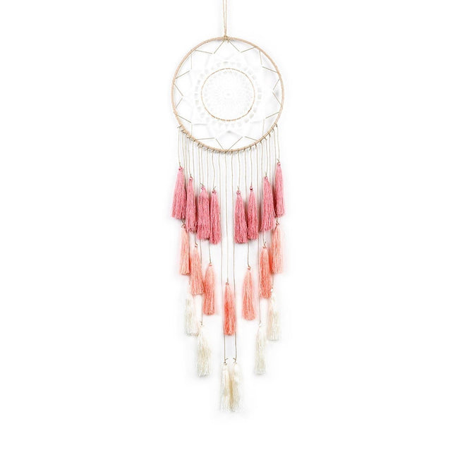 Round Handmade Wall Hanging Wind Chime Dream Catcher with Tassel Home Decor-Pink.