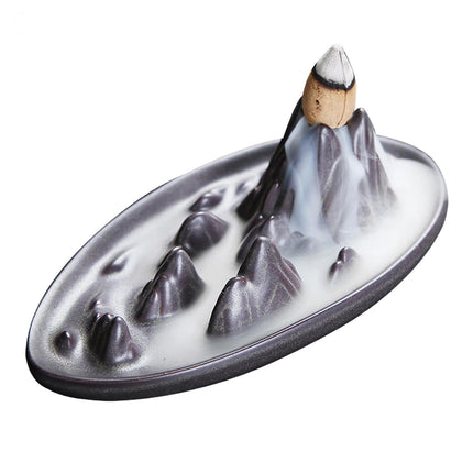 Teahouse Waterfall Lotus Backflow Incense Burner Ceramic Censer Home Decoration- C.