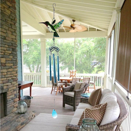 Cute Hummingbird Metal Tubes Wind Chime Bell Home Yard Wall Hanging Ornament-Blue Wind Chime Tube.