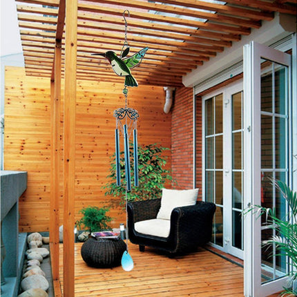Cute Hummingbird Metal Tubes Wind Chime Bell Home Yard Wall Hanging Ornament-Blue Wind Chime Tube.