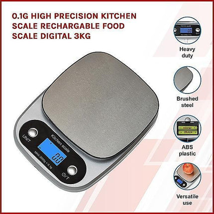 0.1g High Precision Kitchen Scale Rechargable Food Scale Digital 3KG One Size.