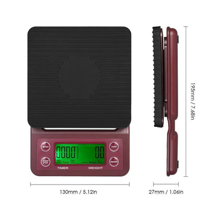 5kg/0.5g Coffee Drip Scale with Timer and Tare Function - Burgundy.