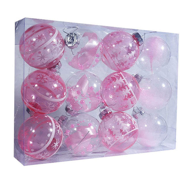 12Pcs Xmas Ball Ornament Round Party-Pink 8cm.