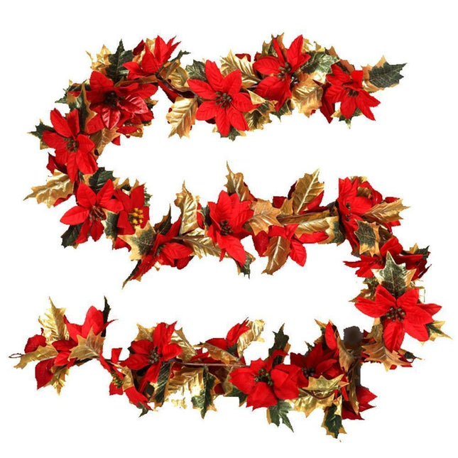 1.8m Artificial Christmas Red Flower Cane Vine Rattan Home Garden Xmas Decor-Golden+Red.