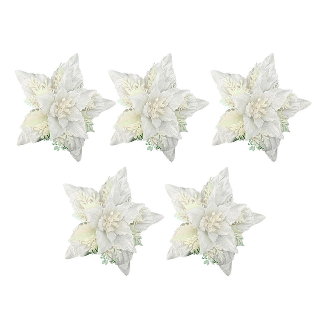 5Pcs Artificial Xmas Flower Leaves-Silver White.
