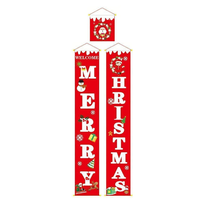 Merry Christmas Santa Elk Snowman Print Hanging Banner Sign Flag Xmas Door Decor-Red.