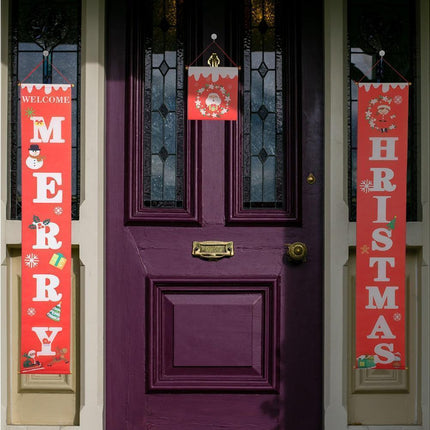 Merry Christmas Santa Elk Snowman Print Hanging Banner Sign Flag Xmas Door Decor-Red.