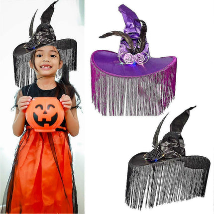 Halloween Witch Hat Wide Brim Tassel Wizard Hat With Artificial Rose Women Halloween Costume Accessory-Purple.