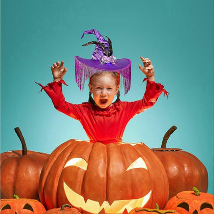 Halloween Witch Hat Wide Brim Tassel Wizard Hat With Artificial Rose Women Halloween Costume Accessory-Purple.