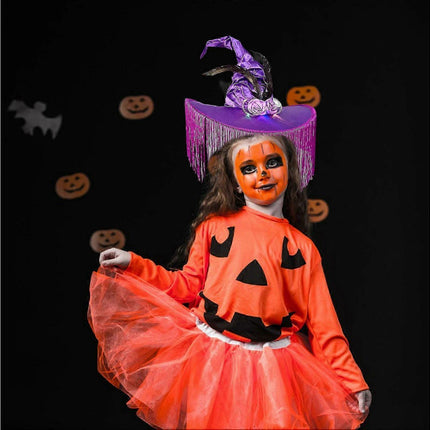 Halloween Witch Hat Wide Brim Tassel Wizard Hat With Artificial Rose Women Halloween Costume Accessory-Purple.