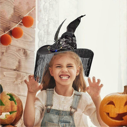Halloween Witch Hat Wide Brim Tassel Wizard Hat With Artificial Rose Women Halloween Costume Accessory-Purple.