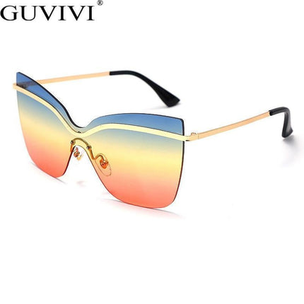 One Piece Cat Eye Sunglasses Fashion Brand Designer Oversize Gradient Eyeglasses Rimless Blue Pink Shades.