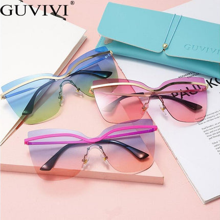 One Piece Cat Eye Sunglasses Fashion Brand Designer Oversize Gradient Eyeglasses Rimless Blue Pink Shades.