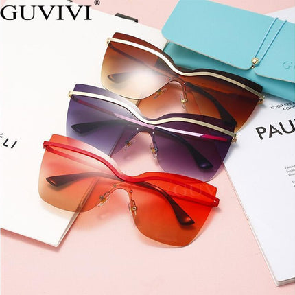 One Piece Cat Eye Sunglasses Fashion Brand Designer Oversize Gradient Eyeglasses Rimless Blue Pink Shades.