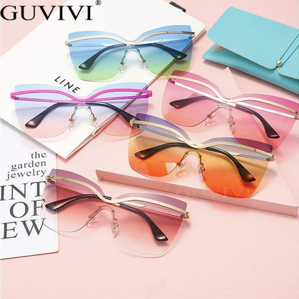 One Piece Cat Eye Sunglasses Fashion Brand Designer Oversize Gradient Eyeglasses Rimless Blue Pink Shades.