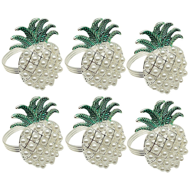6Pcs Napkin Rings Pineapple Shape Faux Pearl Beaded Restaurant Hotel Table Decor-Silver.