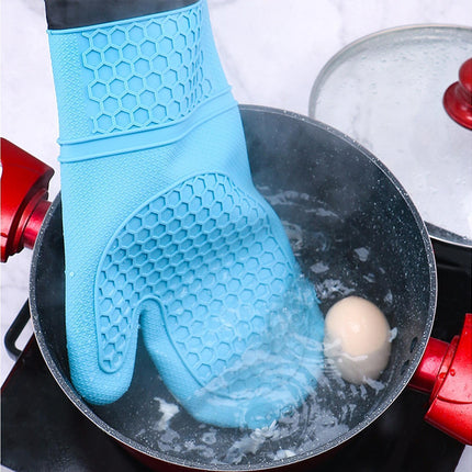 1Pc Waterproof Heat Resistant Silicone Mitt Triple Layer Hot Pads Oven Glove for Kitchen-Blue.