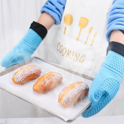1Pc Waterproof Heat Resistant Silicone Mitt Triple Layer Hot Pads Oven Glove for Kitchen-Blue.