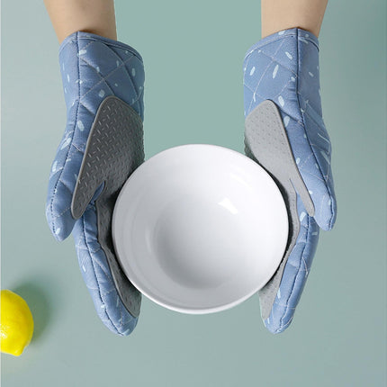 1 Pair Oven Gloves Anti-sbabies Heat Insulation Fabric Thicker Baking Mitts for Kitchen-Blue.
