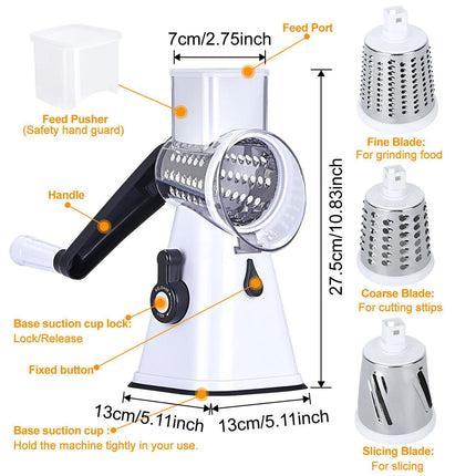 Kitchen Multifunction Vegetable Food Slicer Manual Rotary Drum Grater Chopper WHITE.