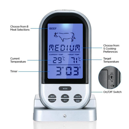 Wireless Meat Thermometer with Probe LCD Display Grey.