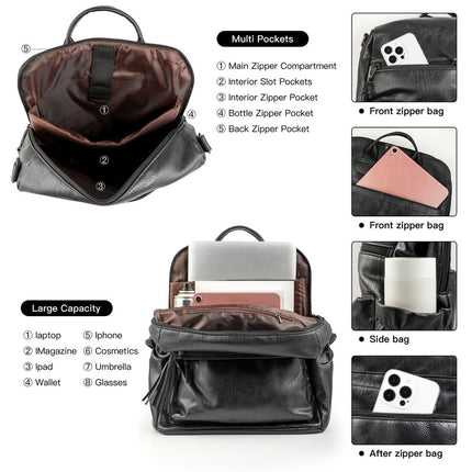 Black Fashionable Large-Capacity Women's Backpack - Waterproof, Durable, High-Quality PU Leather - Travel Backpack - Vintage-Style PU Leather Backpack.