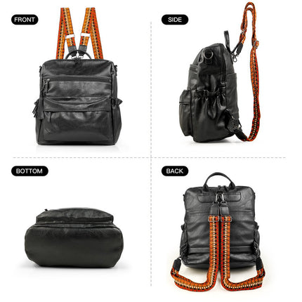 Black Fashionable Large-Capacity Women's Backpack - Waterproof, Durable, High-Quality PU Leather - Travel Backpack - Vintage-Style PU Leather Backpack.