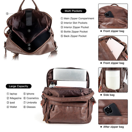 Brown Fashionable Large-Capacity Women's Backpack - Waterproof, Durable, High-Quality PU Leather - Travel Backpack - Vintage-Style PU Leather Backpack.