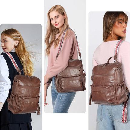Brown Fashionable Large-Capacity Women's Backpack - Waterproof, Durable, High-Quality PU Leather - Travel Backpack - Vintage-Style PU Leather Backpack.