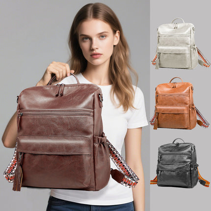 Brown Fashionable Large-Capacity Women's Backpack - Waterproof, Durable, High-Quality PU Leather - Travel Backpack - Vintage-Style PU Leather Backpack.