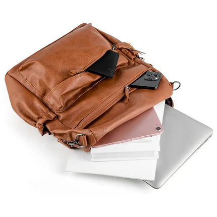 Coffee Fashionable Large-Capacity Women's Backpack - Waterproof, Durable, High-Quality PU Leather - Travel Backpack - Vintage-Style PU Leather Backpack.