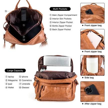 Coffee Fashionable Large-Capacity Women's Backpack - Waterproof, Durable, High-Quality PU Leather - Travel Backpack - Vintage-Style PU Leather Backpack.