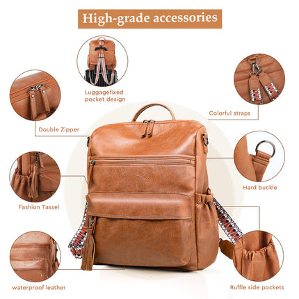 Coffee Fashionable Large-Capacity Women's Backpack - Waterproof, Durable, High-Quality PU Leather - Travel Backpack - Vintage-Style PU Leather Backpack.