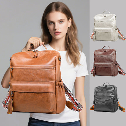 Coffee Fashionable Large-Capacity Women's Backpack - Waterproof, Durable, High-Quality PU Leather - Travel Backpack - Vintage-Style PU Leather Backpack.