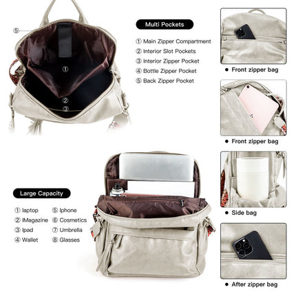 Grey Fashionable Large-Capacity Women's Backpack - Waterproof, Durable, High-Quality PU Leather - Travel Backpack - Vintage-Style PU Leather Backpack.