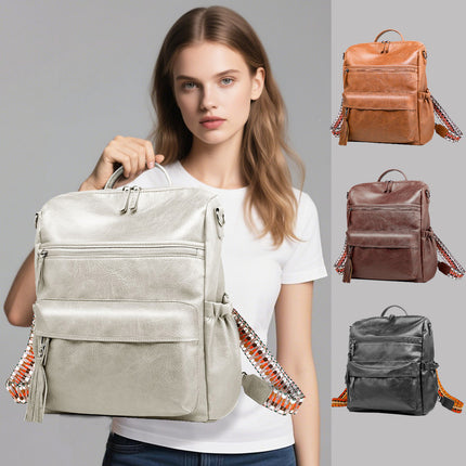 Grey Fashionable Large-Capacity Women's Backpack - Waterproof, Durable, High-Quality PU Leather - Travel Backpack - Vintage-Style PU Leather Backpack.