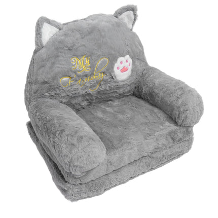 Kids Sofa for Baby Toddler Cute Cartoon Cat Convertible Armrest Chair Fold Out Couch Bed for Napping Playing Sleeping Grey 2 Layers