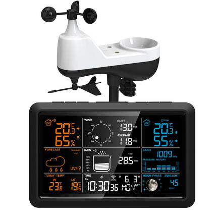 Weather Station with Rain Gauge and Wind Gauge Wireless Indoor Outdoor 5 IN 1 Digital Weather Forecast Humidity Moon Phase Sunlight Temperature Thermometer with Solar Powered Outdoor Sensor for Home