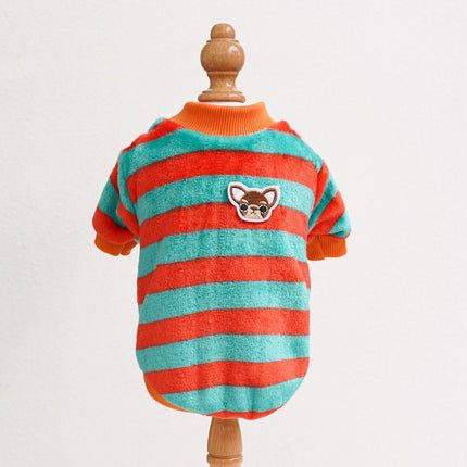 Shine Pet Clothes Coral Fleece Two Leg Dog Cat Embroidered Chihuahua Velvet Green Orange Stripe L (bust 45 back length 35cm)