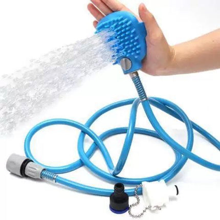 Soft Silicone Pet Bathing Massage Brush for Dogs and Cats – Hands-Free Shower Brush with Adjustable Hand Strap, Water Outlet Holes, and Faucet Adapters for Indoor and Outdoor Pet Grooming (Blue)