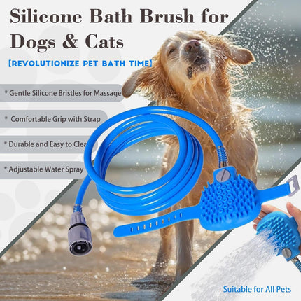 Soft Silicone Pet Bathing Massage Brush for Dogs and Cats – Hands-Free Shower Brush with Adjustable Hand Strap, Water Outlet Holes, and Faucet Adapters for Indoor and Outdoor Pet Grooming (Blue)