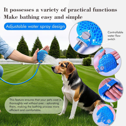 Soft Silicone Pet Bathing Massage Brush for Dogs and Cats – Hands-Free Shower Brush with Adjustable Hand Strap, Water Outlet Holes, and Faucet Adapters for Indoor and Outdoor Pet Grooming (Blue)