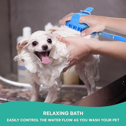 Soft Silicone Pet Bathing Massage Brush for Dogs and Cats – Hands-Free Shower Brush with Adjustable Hand Strap, Water Outlet Holes, and Faucet Adapters for Indoor and Outdoor Pet Grooming (Blue)